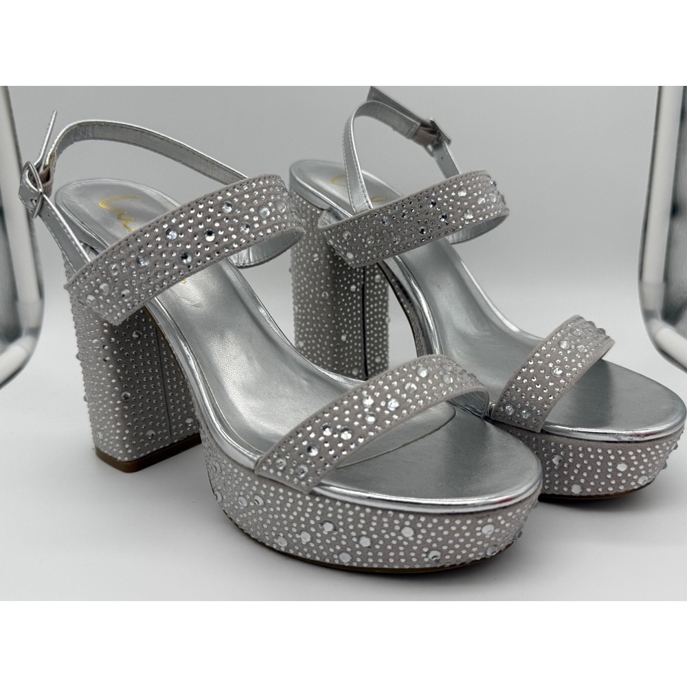 Lulus Acee Silver Rhinestone Platform Heels Block Heel Sandals Size 7